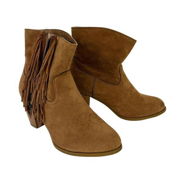 Rampage Frankey Tan Suede Fringe Western Ankle Boots Heeled Cowgirl Boho Shoes 8 - Picture 2 of 12